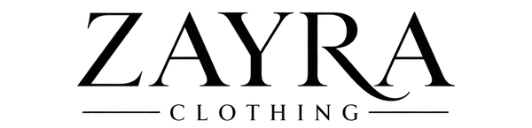 A black logo for ZAYRA CLOTHING featuring an elegant stylized 'ZC' monogram with a hanger detail, above the words 'ZAYRA CLOTHING' on a plain white background.